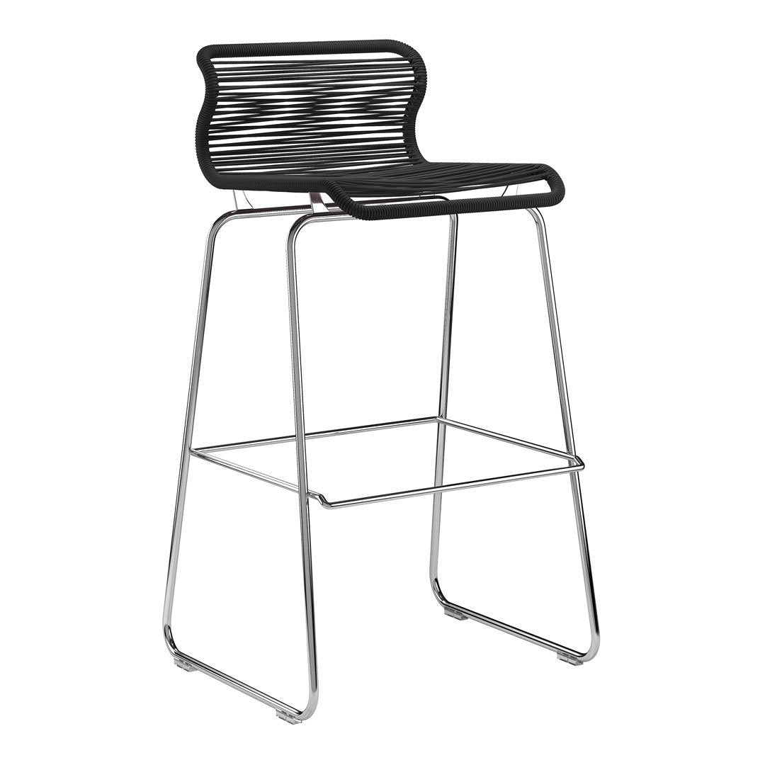 Black and chrome bar stool with a sleek, striped pattern on the seat for modern décor.