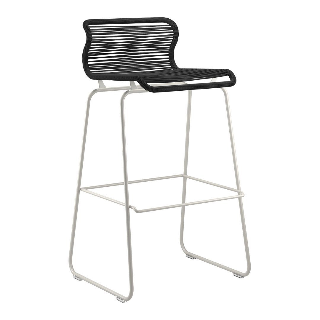 Black and white striped bar stool with a sleek metal frame, perfect for modern and minimalist decor.