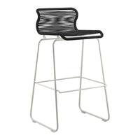 Black and white striped bar stool with a sleek metal frame, perfect for modern and minimalist decor.