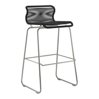 Black and silver bar stool featuring sleek, horizontal striped design and modern metallic legs.