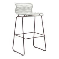 White woven seat with a minimalist design, paired with a dark brown metal frame for a modern look.