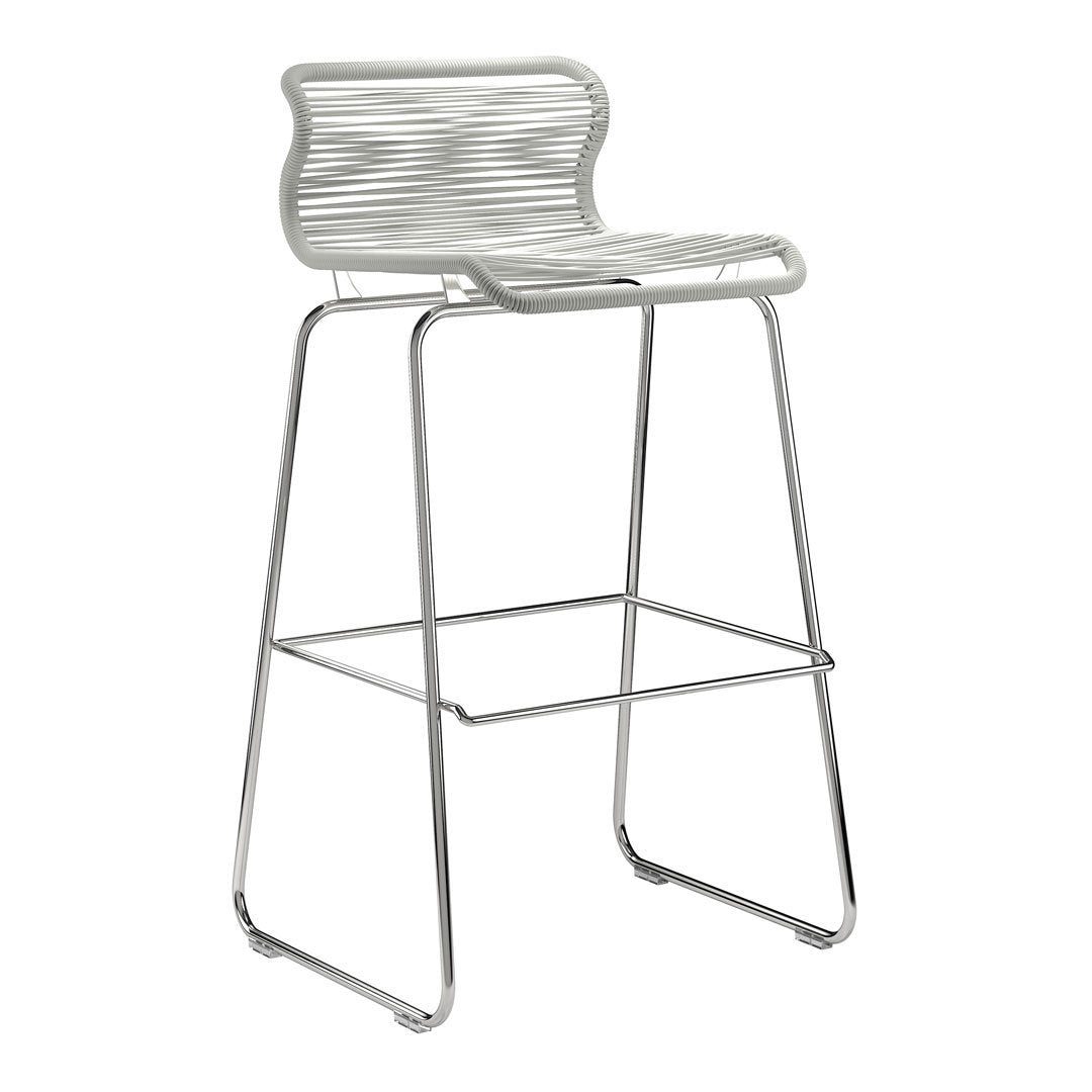 White striped bar stool with a sleek chrome frame, ideal for modern and minimalist decor.