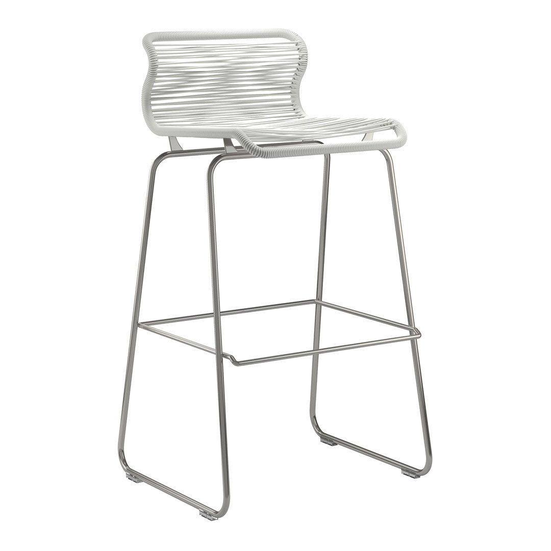 White bar stool with textured, wavy pattern and sleek metal frame, perfect for modern decor.
