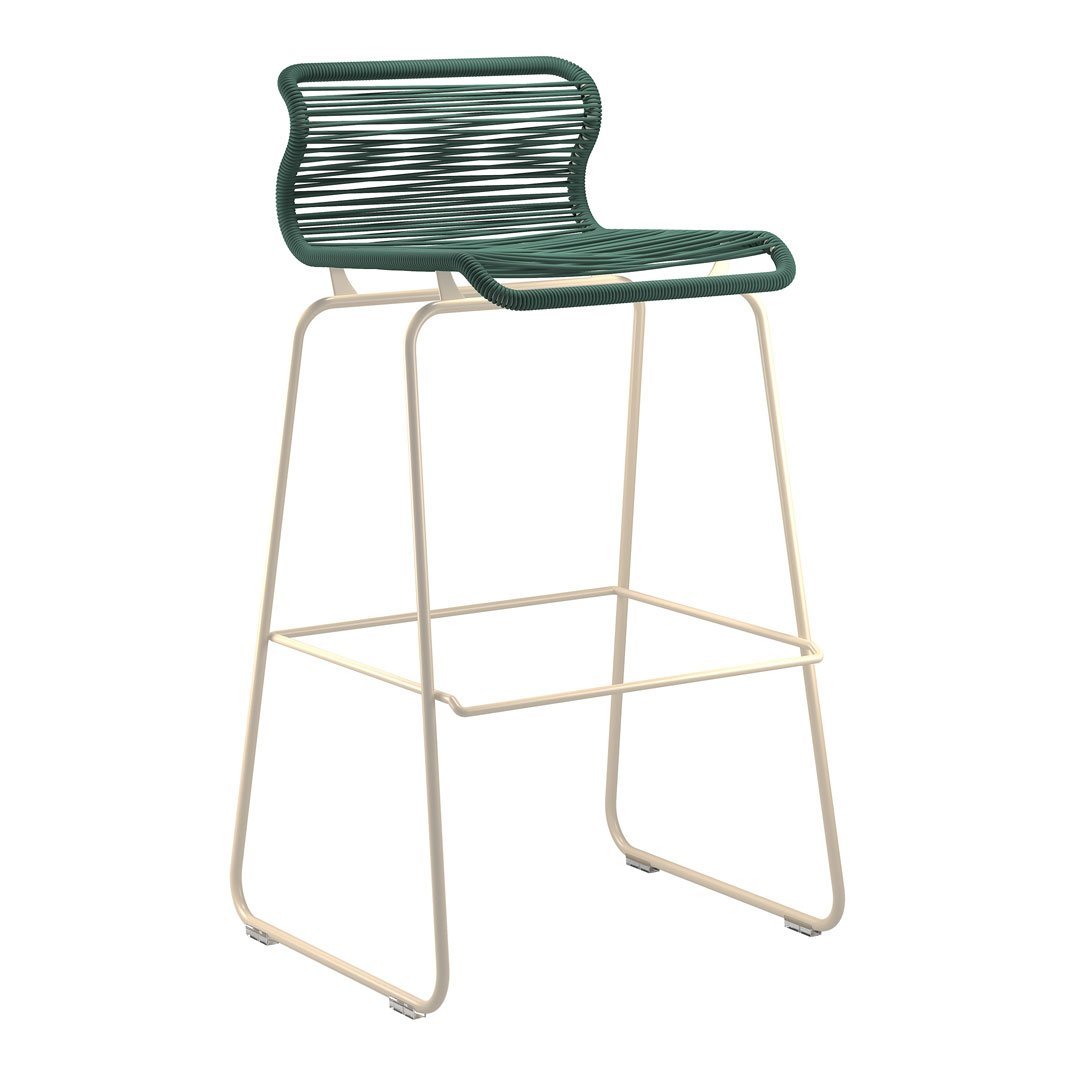 Green striped bar stool with a modern design and a cream-colored metal frame, perfect for stylish indoor or outdoor settings.