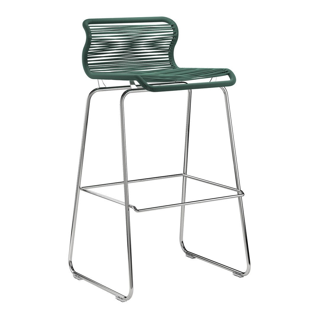 Green striped bar stool with a sleek chrome frame, perfect for modern decor.