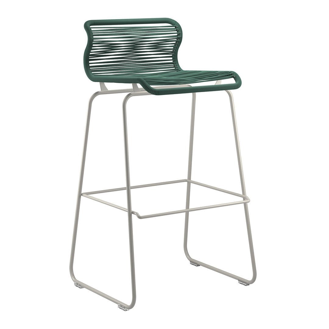 Green striped bar stool with a sleek white metal frame. Modern design perfect for any stylish space.