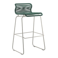 Green striped bar stool with a sleek white metal frame. Modern design perfect for any stylish space.
