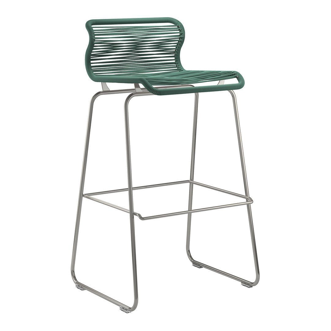 Stylish green striped bar stool with a sleek silver frame, perfect for modern decor.