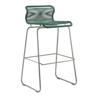 Stylish green striped bar stool with a sleek silver frame, perfect for modern decor.