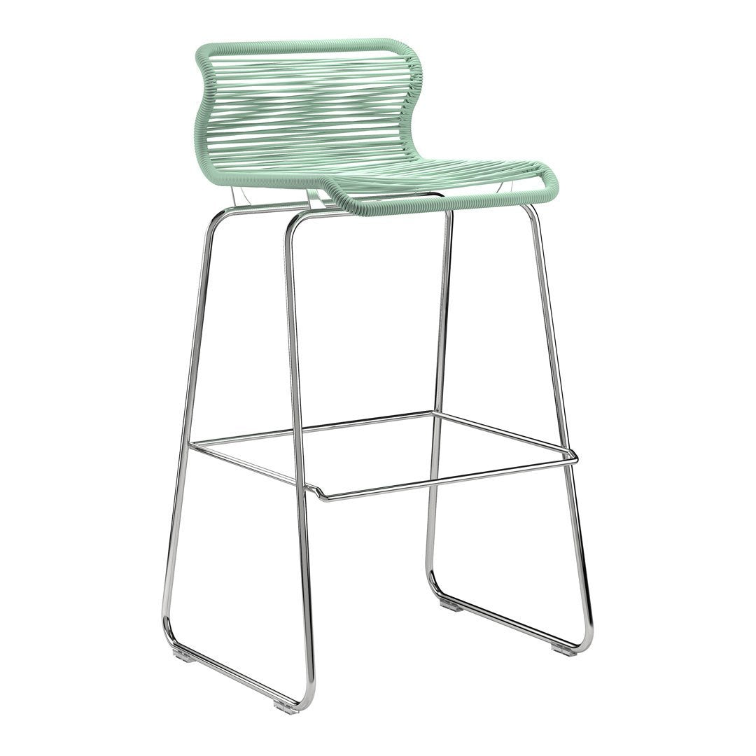 Mint green bar stool with horizontal striped pattern and a sleek chrome frame. Ideal for modern decor.