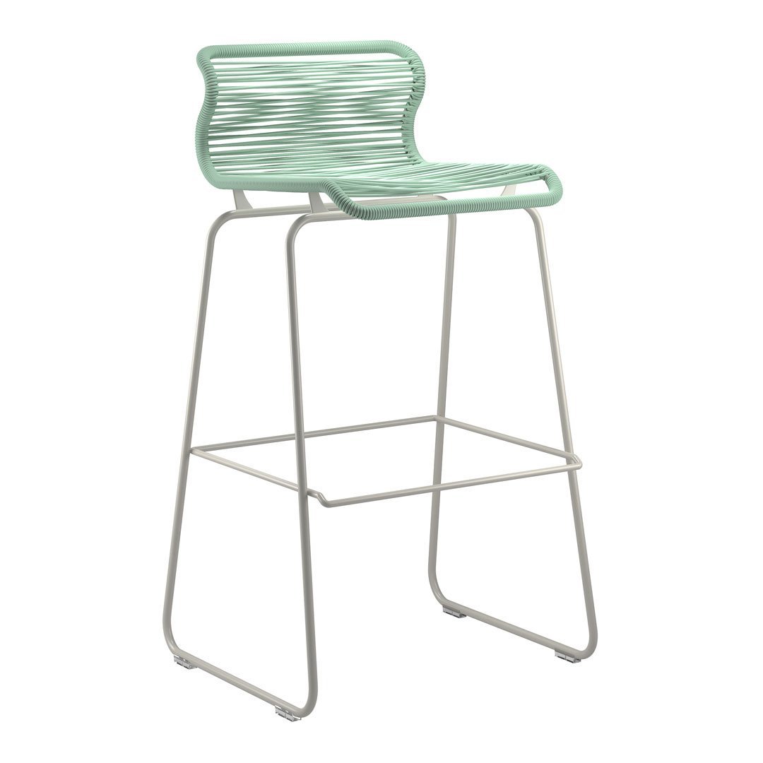Mint green bar stool with minimalist white metal frame and horizontal woven patterns for a modern look.