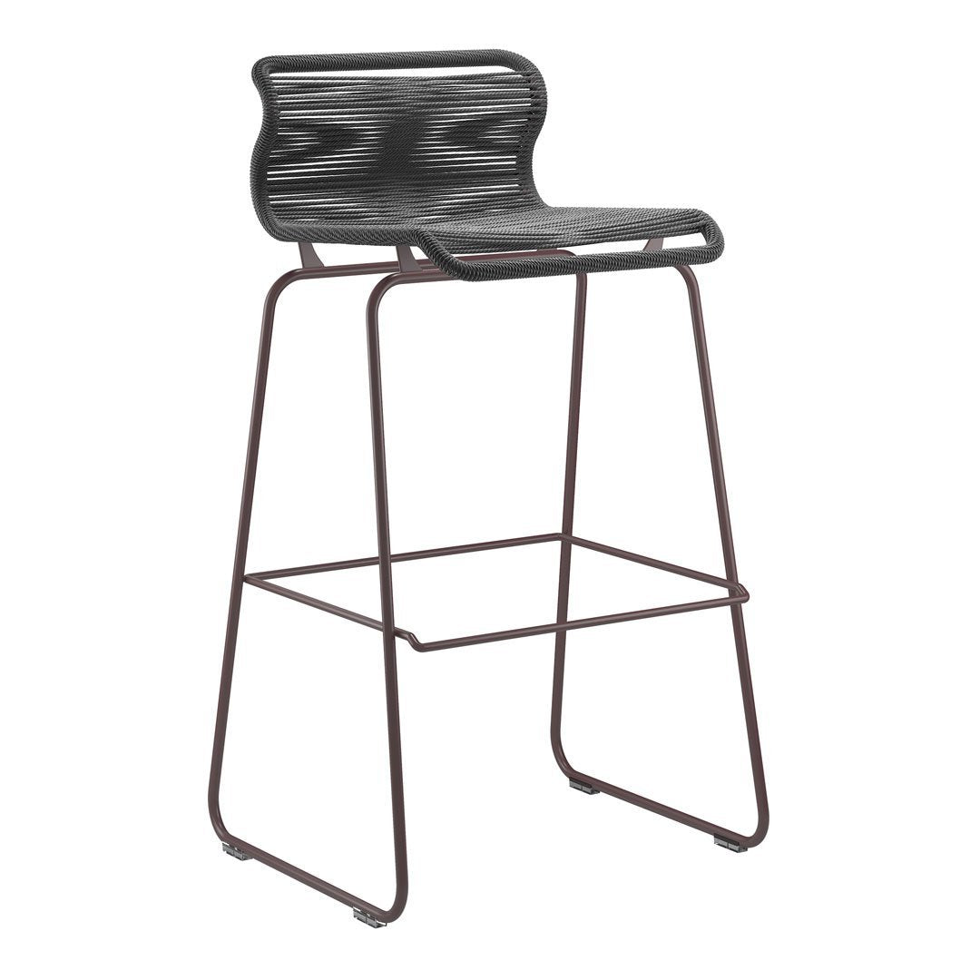 Black and brown bar stool with a sleek, modern design and a textured seat pattern. Ideal for contemporary spaces.