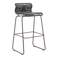 Black and brown bar stool with a sleek, modern design and a textured seat pattern. Ideal for contemporary spaces.