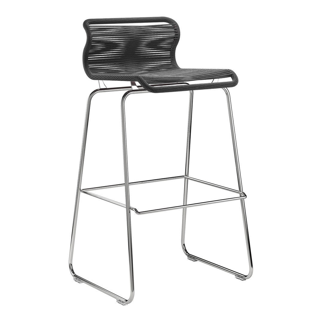 Modern black bar stool with a wavy pattern seat and sleek chrome legs, ideal for contemporary decor.