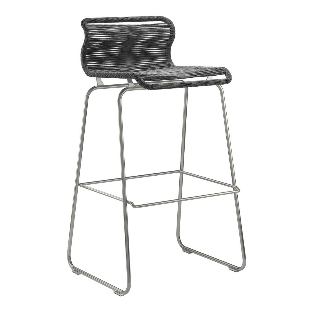 Black and gray patterned bar stool with a sleek metal frame and modern design, perfect for contemporary spaces.