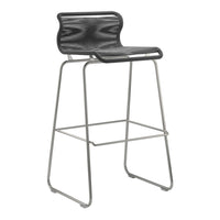 Black and gray patterned bar stool with a sleek metal frame and modern design, perfect for contemporary spaces.