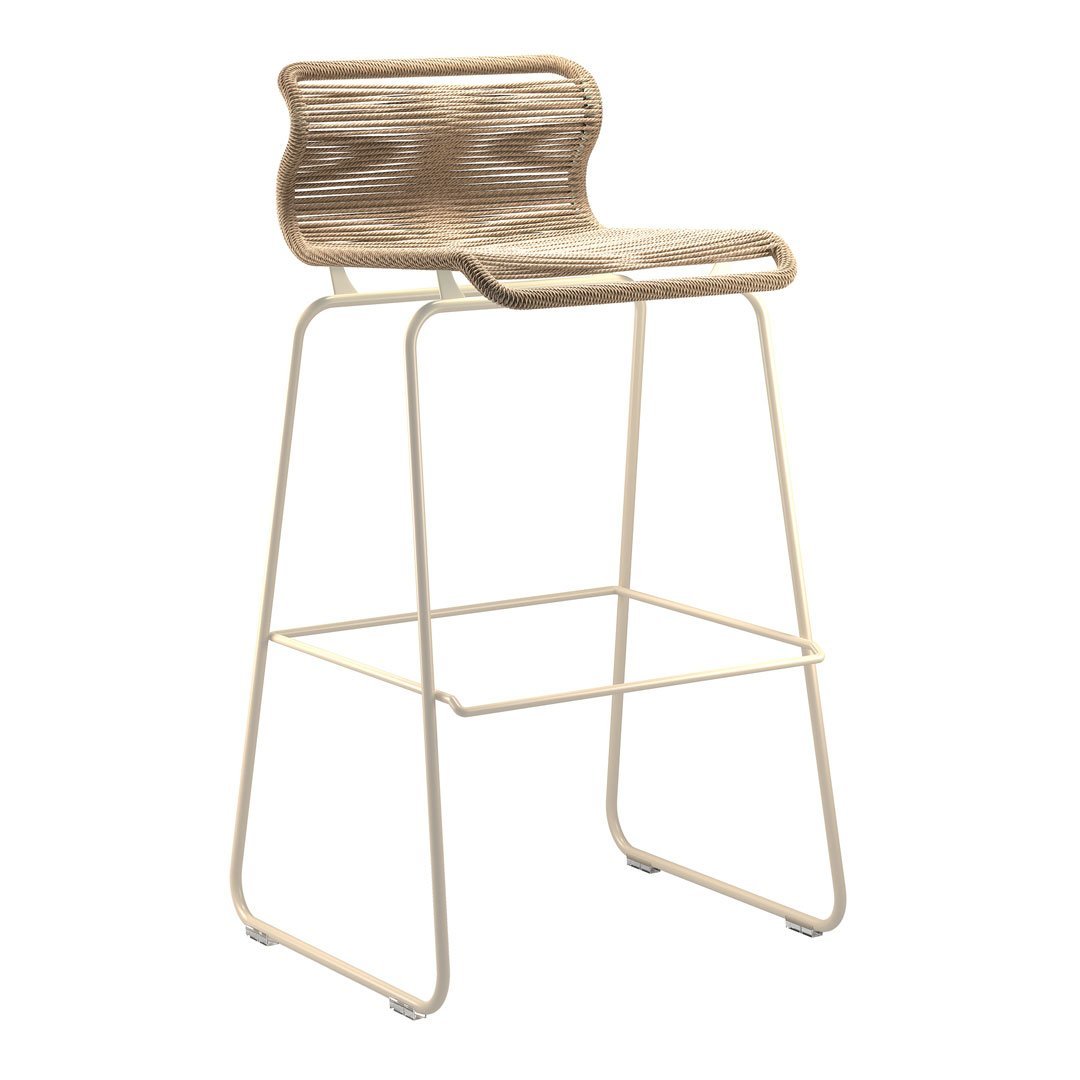 Beige wooden bar stool with textured seat and cream-colored metal frame. Modern, minimalist design.