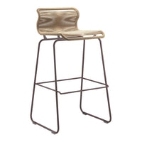 Stylish bar stool with a tan woven seat and dark metal frame, featuring a smooth, modern design.