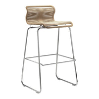 Stylish bar stool with a natural wood seat and sleek chrome frame, featuring a minimalist design.