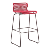 Red bar stool with horizontal striped pattern and a contrasting black metal frame. Ideal for modern spaces.