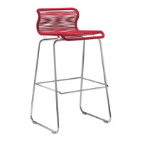 Red slatted bar stool with a sleek chrome frame, featuring modern, linear patterns for stylish seating.