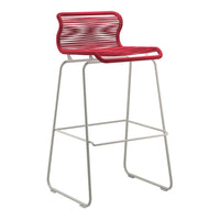 Red and white striped high bar stool with a sleek metal frame, ideal for modern outdoor decor.
