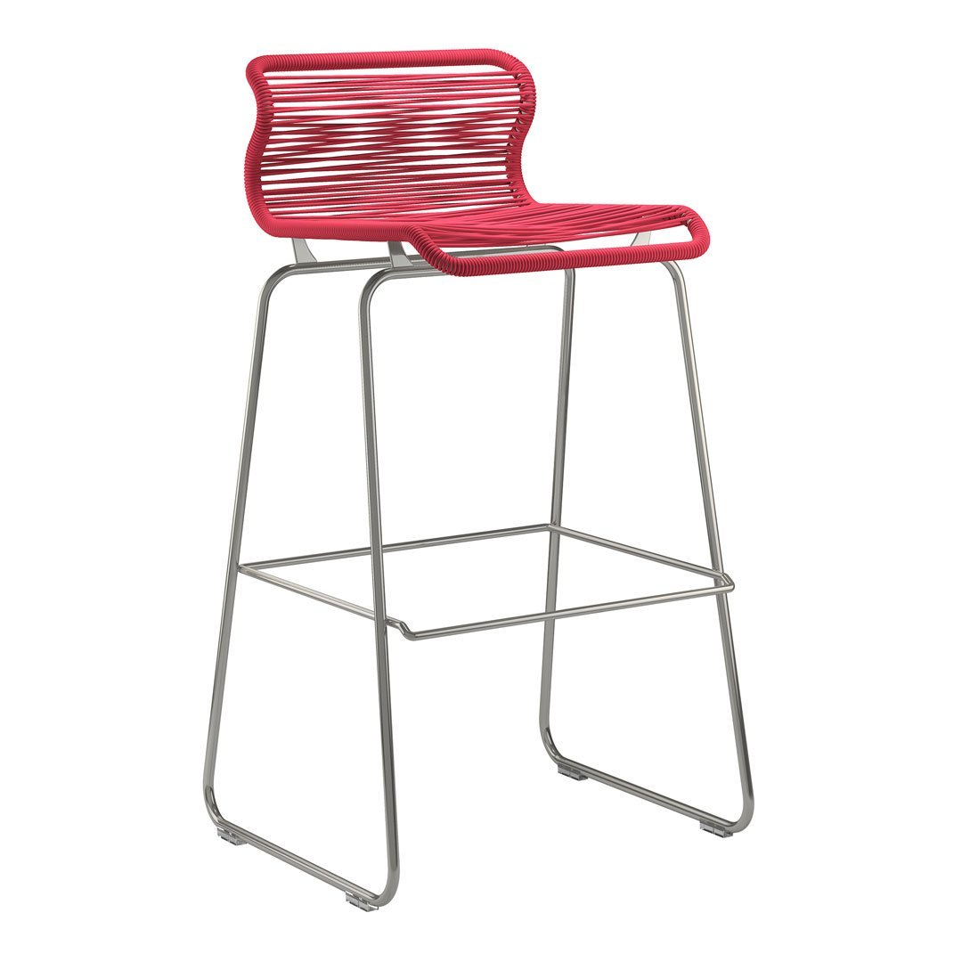 Red striped bar stool with a sleek silver metal frame, ideal for modern decor and outdoor spaces.