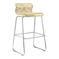 Stylish bar stool with a sleek chrome frame and a textured, cream-colored woven seat. Perfect for modern decor.
