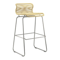 Light beige rattan bar stool with a sleek silver metal frame and a horizontal striped pattern on the seat.