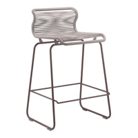 Modern bar stool in sleek gray with stylish striped seat design and minimalist brown metal legs for contemporary decor.