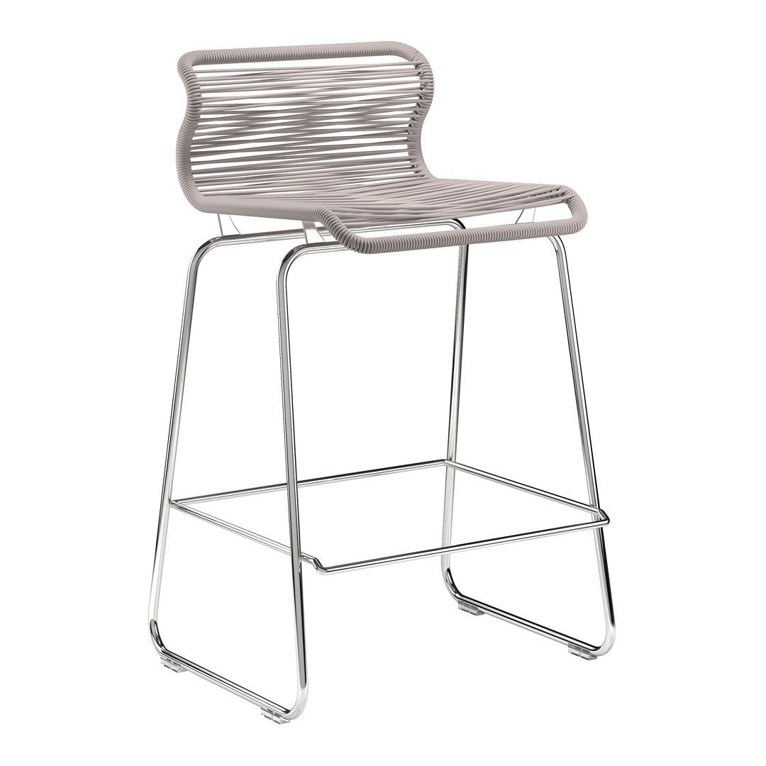 Stylish bar stool with a textured light gray seat and sleek chrome legs, featuring horizontal stripe pattern.