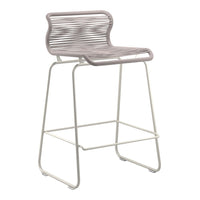 Stylish bar stool with a light gray slatted seat and a white metal frame, perfect for modern decor.
