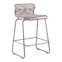 Stylish bar stool featuring a soft pink slatted seat and sleek silver metal frame. Perfect for modern decor.