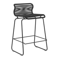 Sleek black metal bar stool with a striped design for modern indoor or outdoor settings.