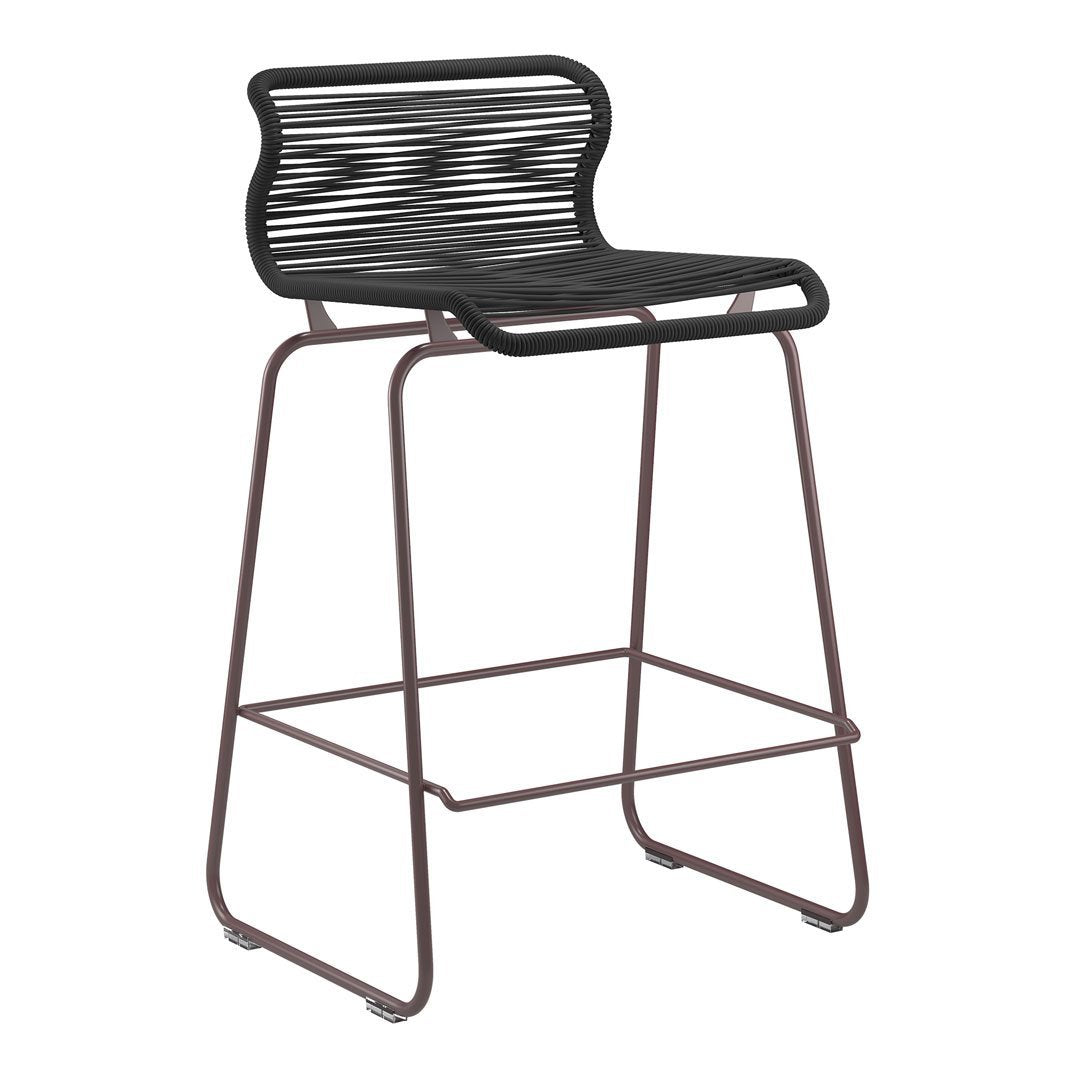 Black striped seat bar stool with a sleek bronze frame, perfect for modern decor.