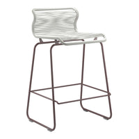 White striped bar stool with a sleek brown metal frame, perfect for modern decor.