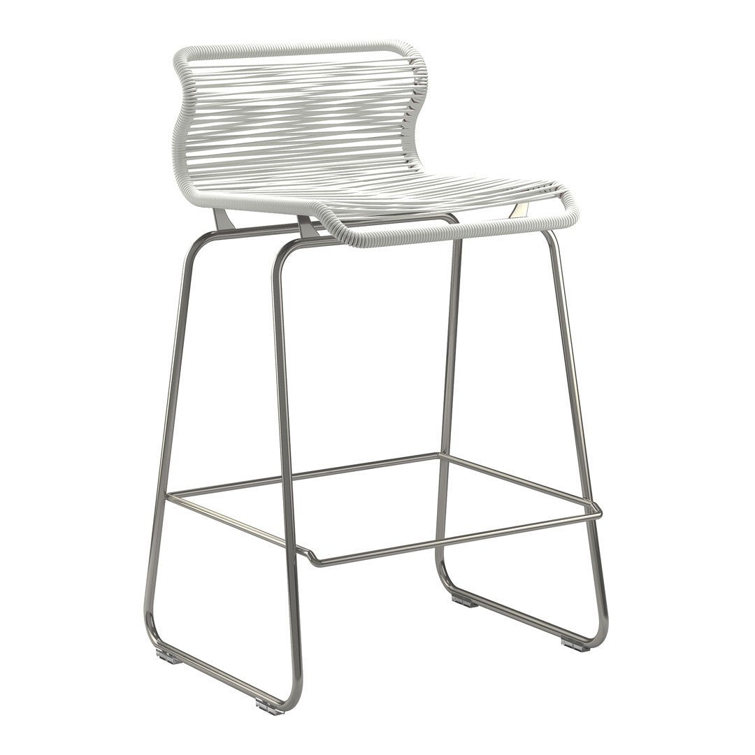White striped bar stool with a sleek metal frame, featuring a modern and minimalist design.