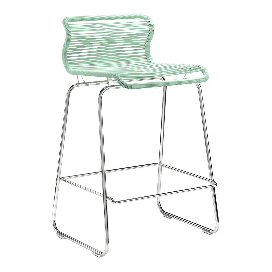 Mint green wire bar stool with sleek chrome legs, featuring a modern, minimalist design and playful ribbed pattern.