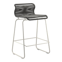 Modern black and white striped bar stool with a sleek metal frame. Ideal for contemporary home decor.