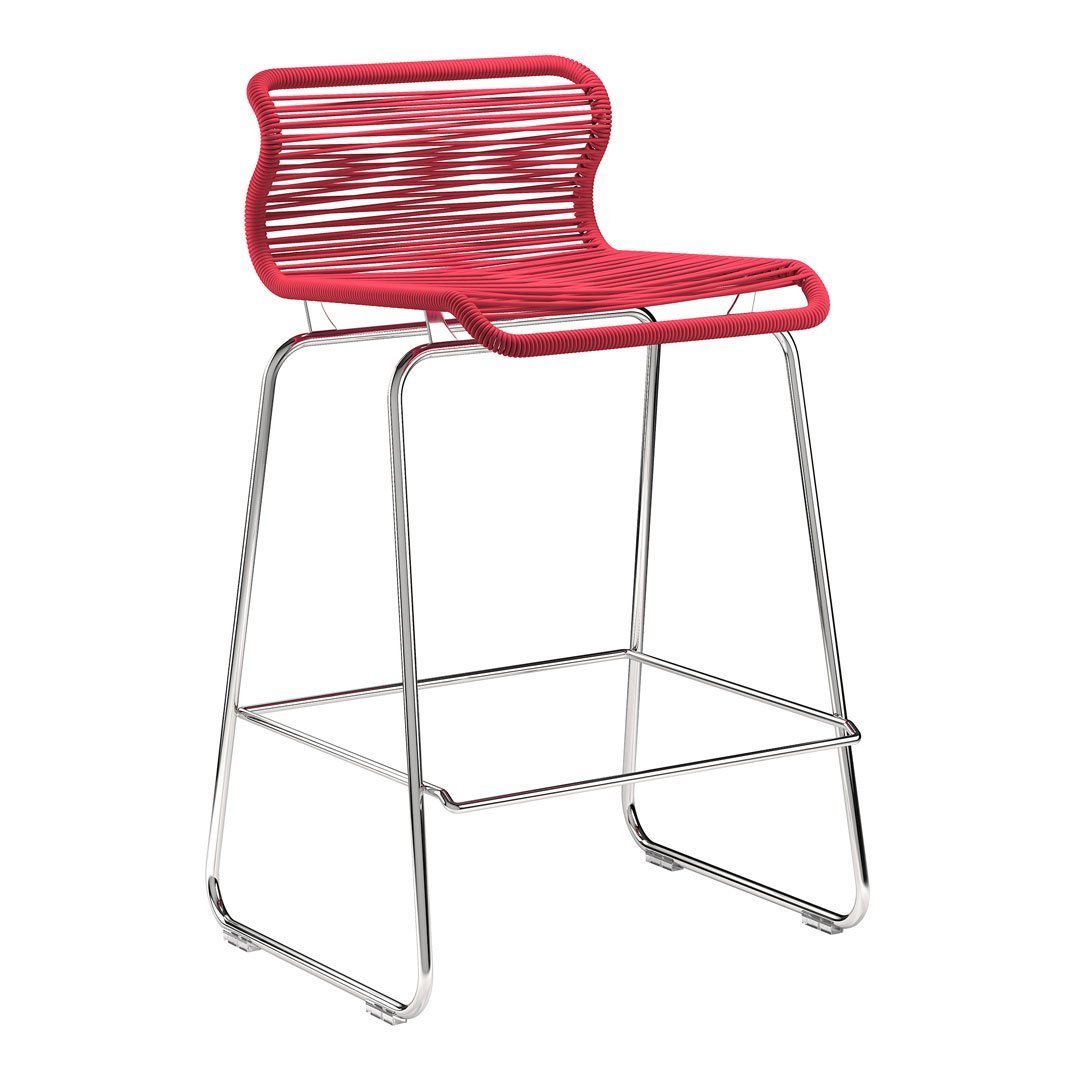 Red slatted bar stool with a sleek chrome frame, offering a modern and vibrant design for any space.
