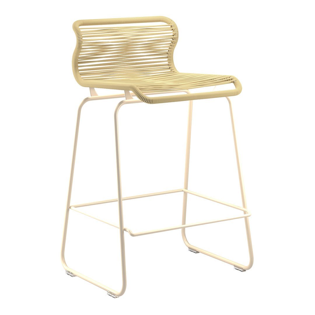 Yellow woven seat with a sleek cream metal frame, featuring a modern striped pattern. Perfect for stylish seating.