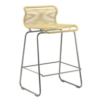 Stylish bar stool with a beige woven seat and sleek silver metal frame, featuring modern lines and a chic finish.