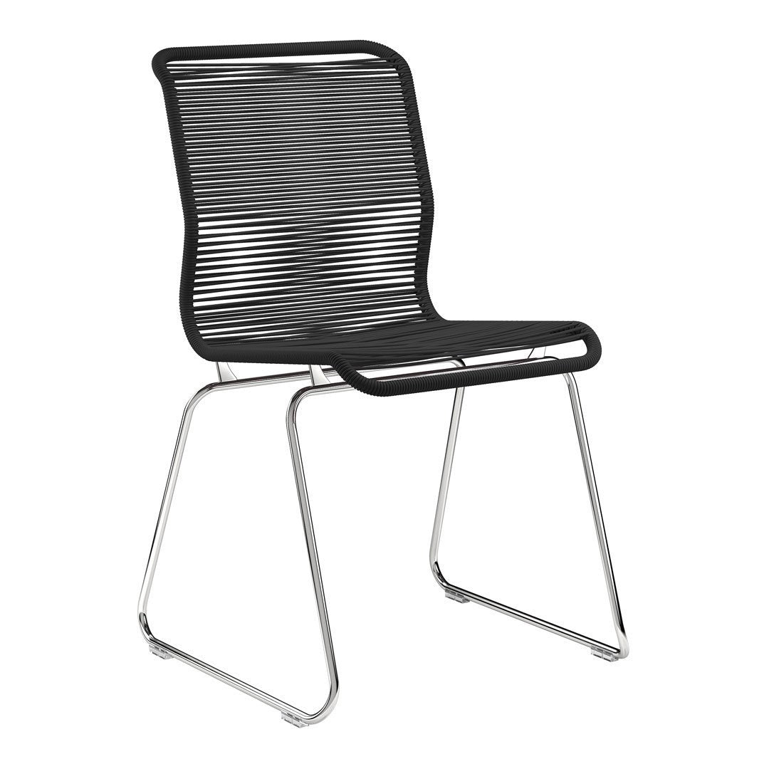 Black striped chair with a sleek chrome base, featuring a modern, minimalist design.