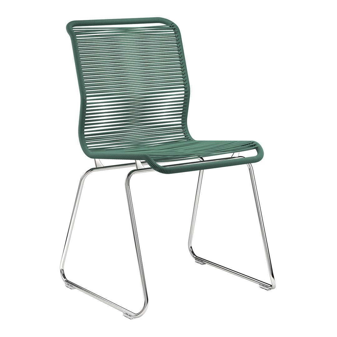 Green striped chair with a sleek chrome frame, perfect for modern decor.