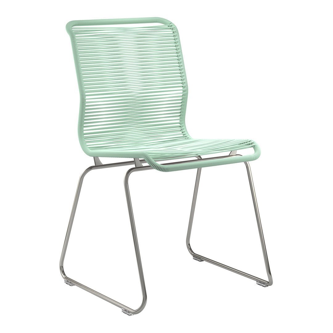 Mint green slatted chair with sleek silver legs, perfect for modern decor. Simple, stylish, and contemporary design.
