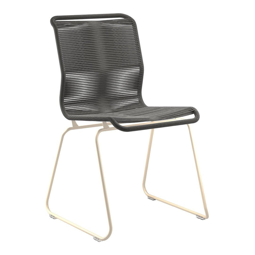 Black mesh chair with a sleek design, featuring subtle horizontal patterns and a contrasting light-colored frame.