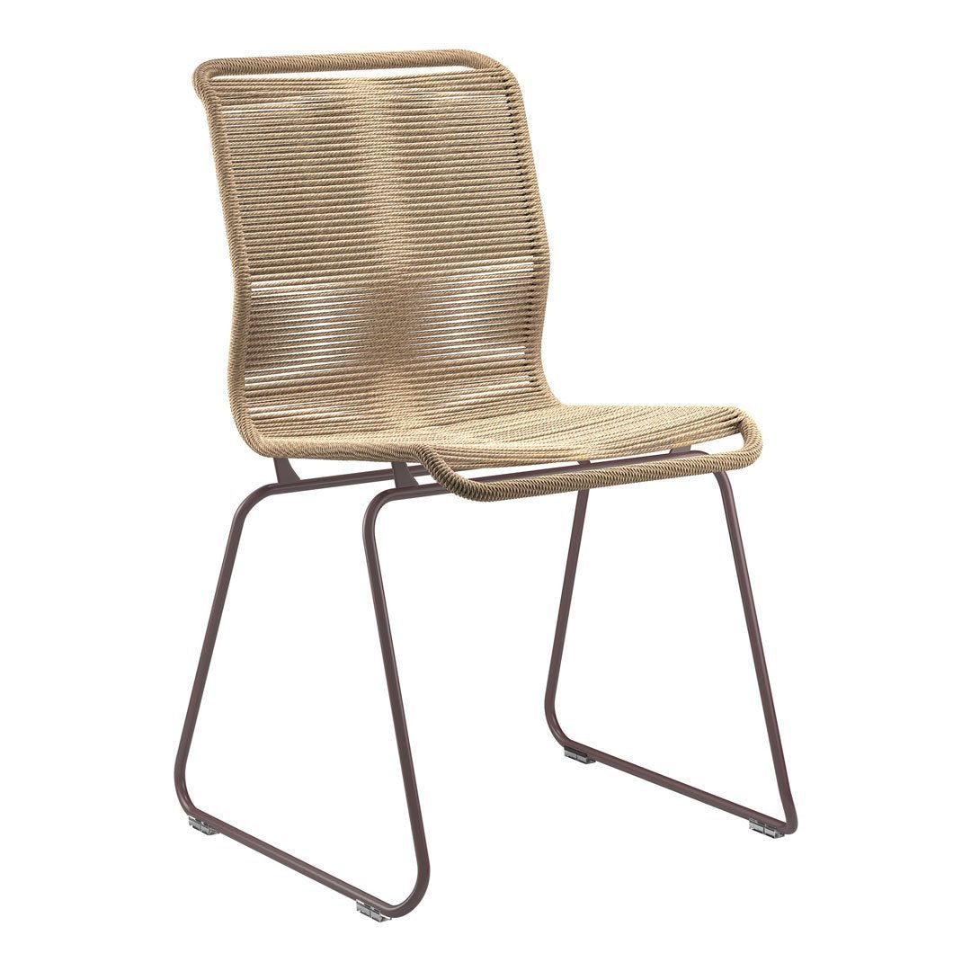 Beige woven chair with a sleek metal frame in a brown finish, showcasing a modern and minimalist design.