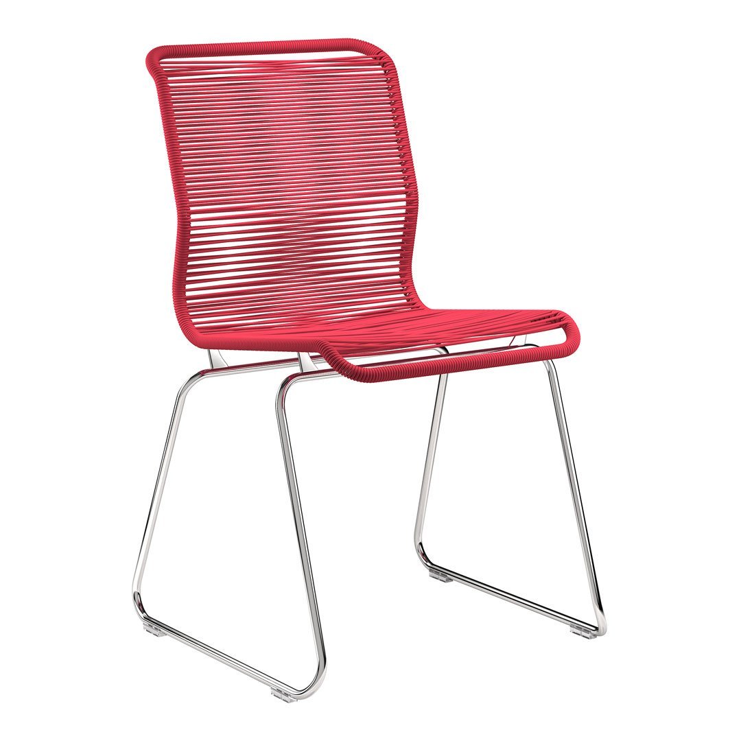 Red modern chair with sleek horizontal stripe pattern and chrome legs. Perfect for contemporary interiors.