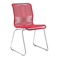 Red modern chair with sleek horizontal stripe pattern and chrome legs. Perfect for contemporary interiors.
