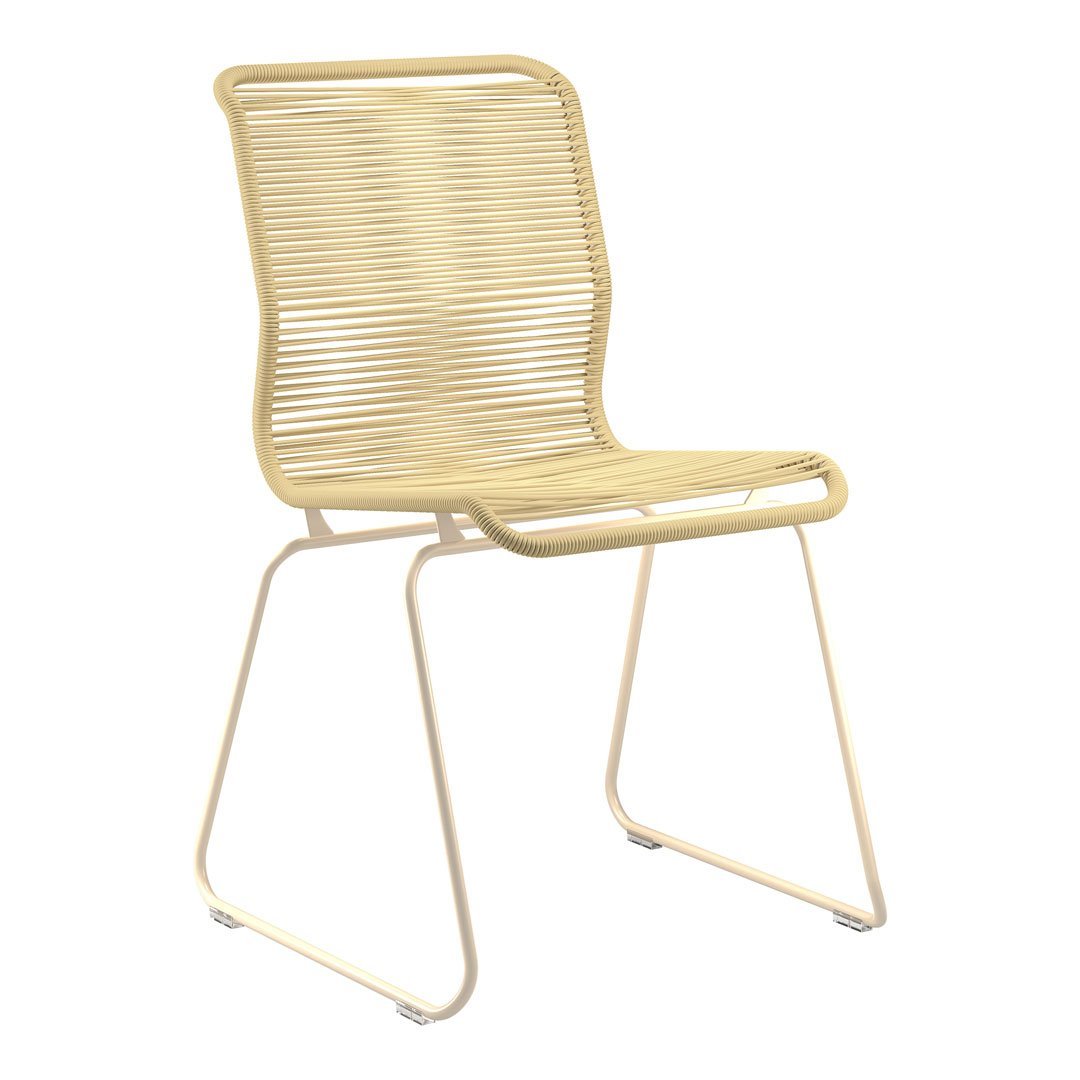 Minimalist yellow chair with a sleek, striped pattern and modern metal legs. Perfect for contemporary decor.